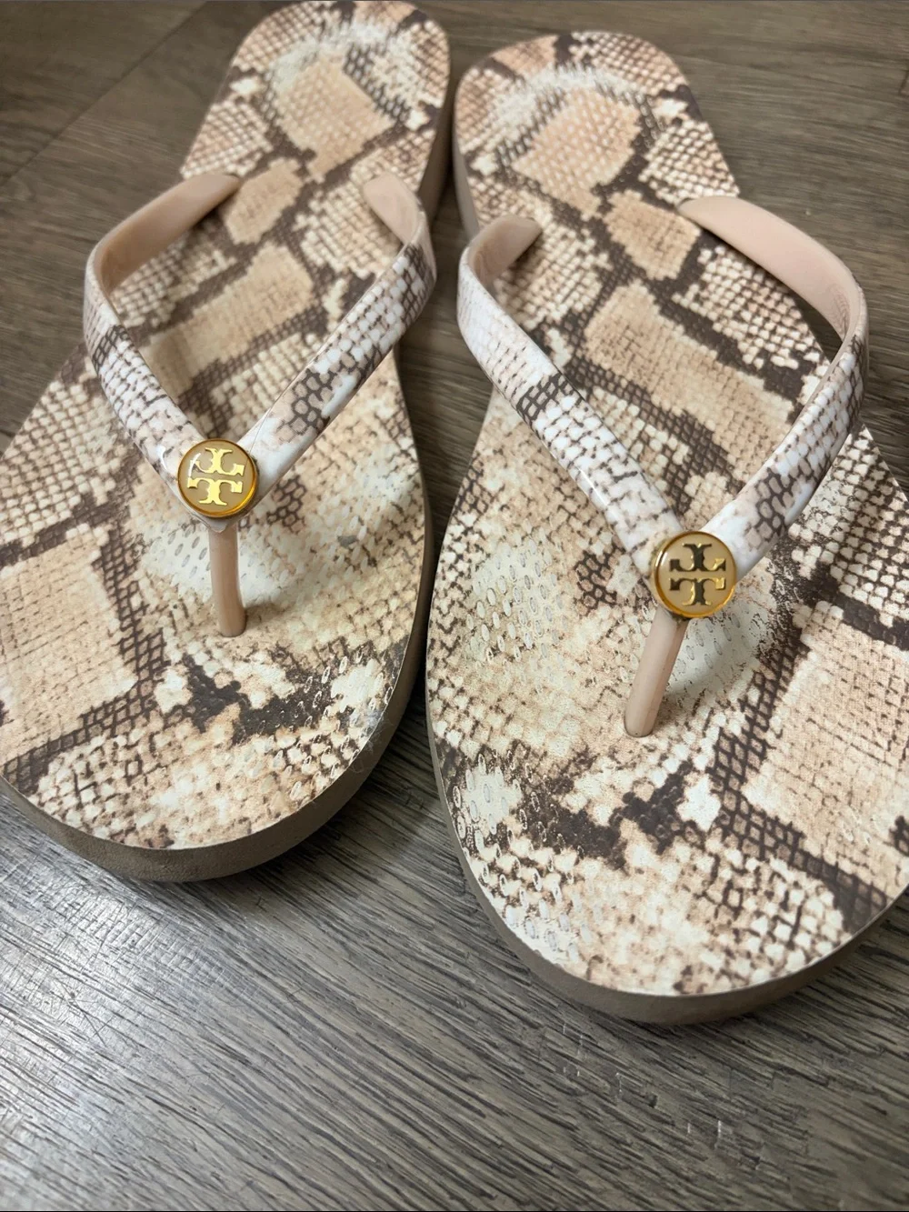 Tory Burch Neutral Snake-Print Logo Flip Flop Sandals